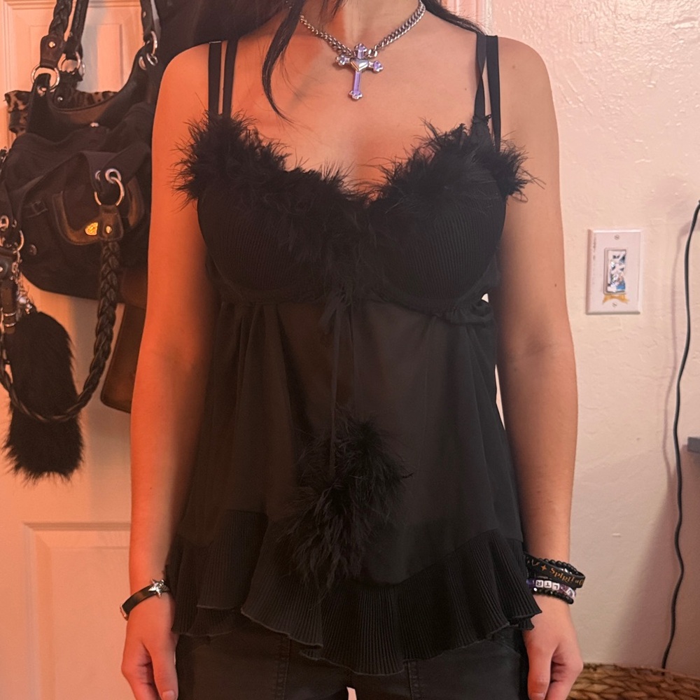 Black Feather-Trim Babydoll Pom Pom top🖤